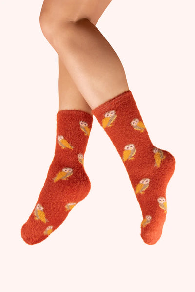 Powder Fuzzy Socks - Mini Owls, Tangerine