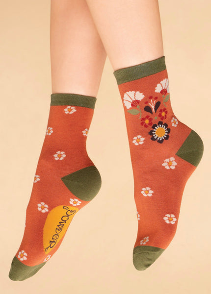 Powder Art Deco Floral Ankle Socks - Tangerine