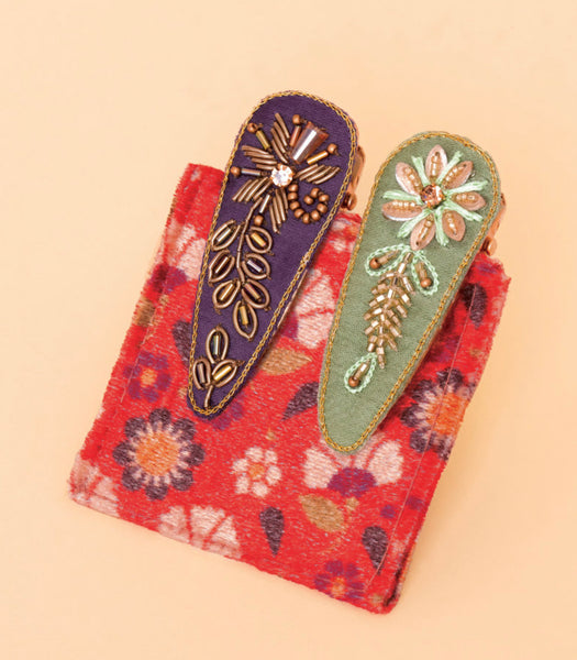 Powder Jewelled Hair Clips (Set Of 2) Floral Stems - Purple & Sage