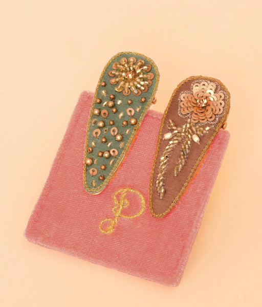 Powder Jewelled Hair Clips (Set Of 2) Floral Stems - Sage & Taupe