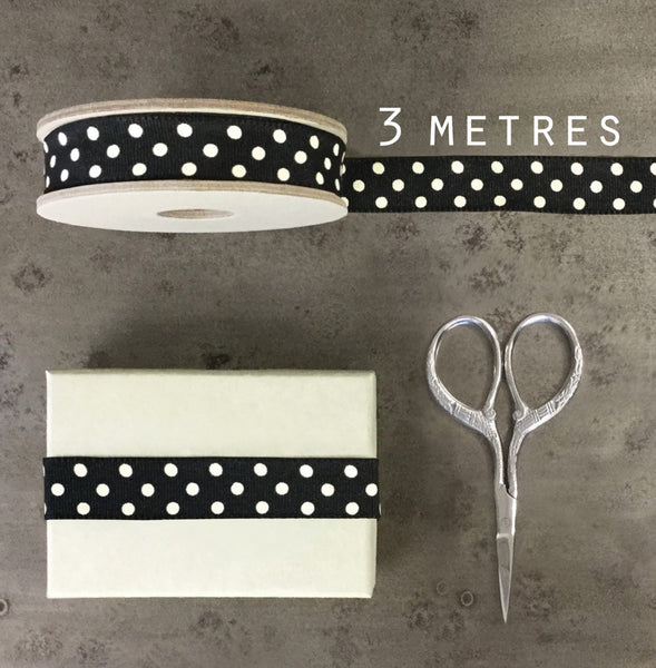 East Of India Dotty Ribbon -Black With Cream Dots