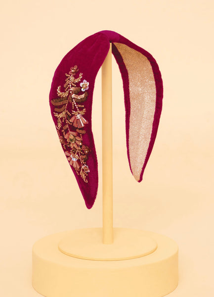 Powder Velvet Embellished Headband - Golden Wildflowers - Fuchsia