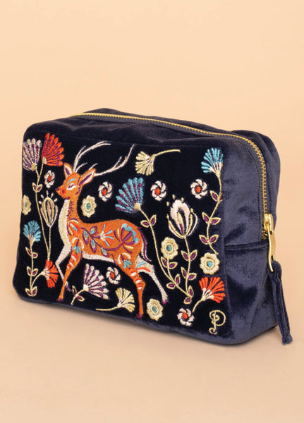 Powder Velvet Embroidered Make-Up Bag - Folk Art Deer, Slate