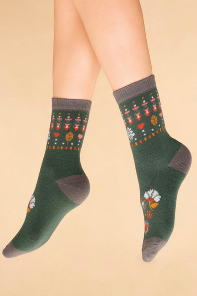 Powder Art Deco Floral Knitted Socks - Olive