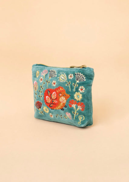Powder Velvet Embroidered Mini Pouch - Folk Art Hedgehog, Aqua