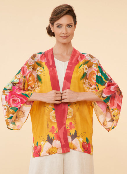 Powder Impressionist Floral Kimono Jacket - Mustard
