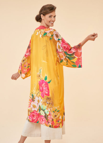 Powder Impressionist Floral Kimono Gown - Mustard