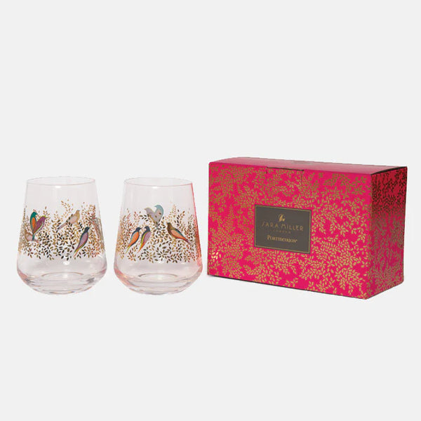 Sara Miller Gold Leaves & Birds Glass Tumbler - Set Of 2