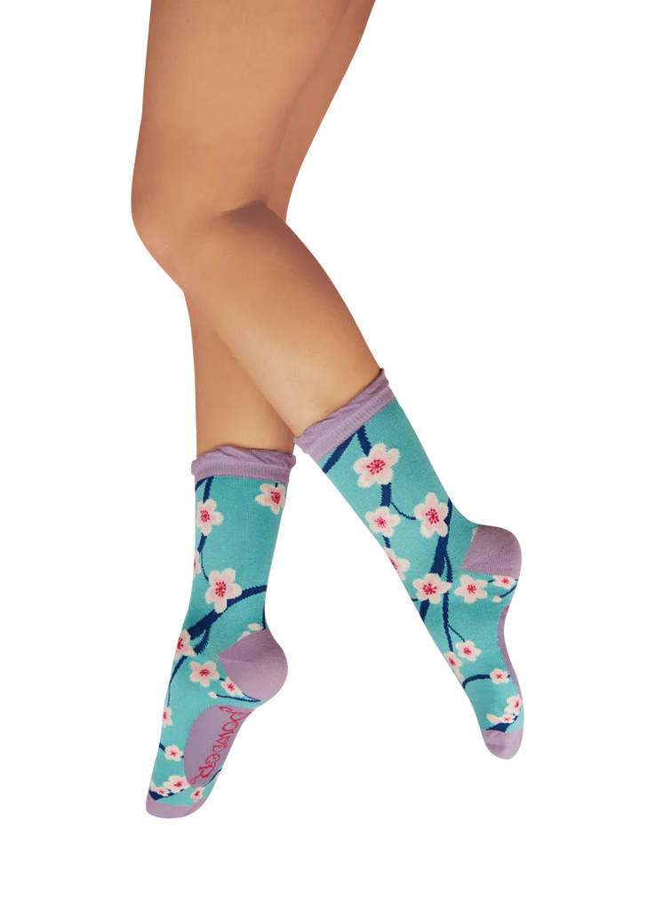 Powder Cherry Blossom Ankle Socks - Aqua