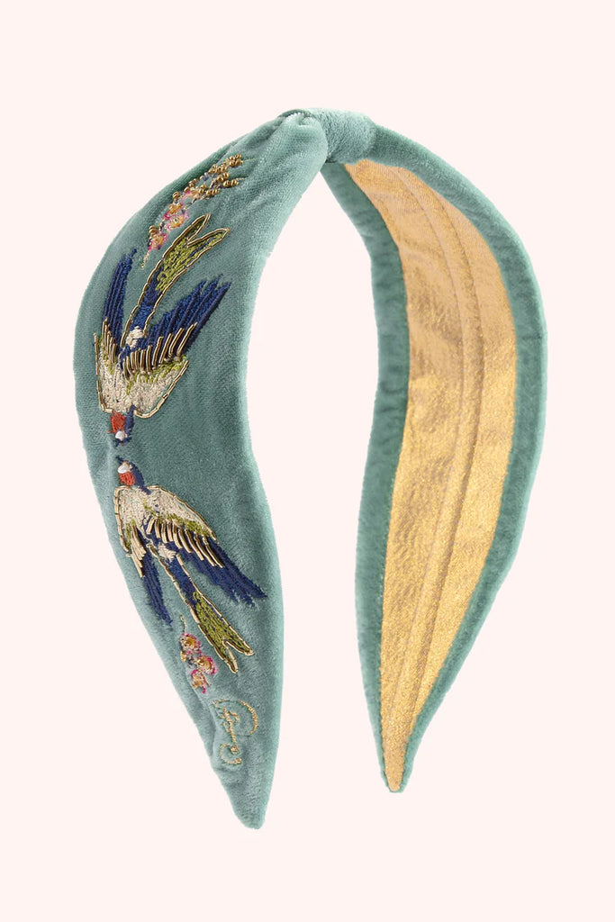 Powder Velvet Embroidered Headband - Swooping Swallows