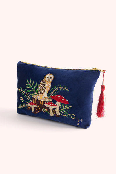 Powder Velvet Zip Pouch - Woodland Owl