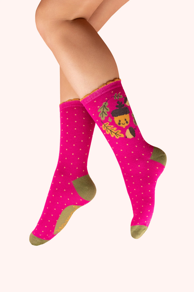 Powder Ankle Socks - Happy Acorn, Fuchsia