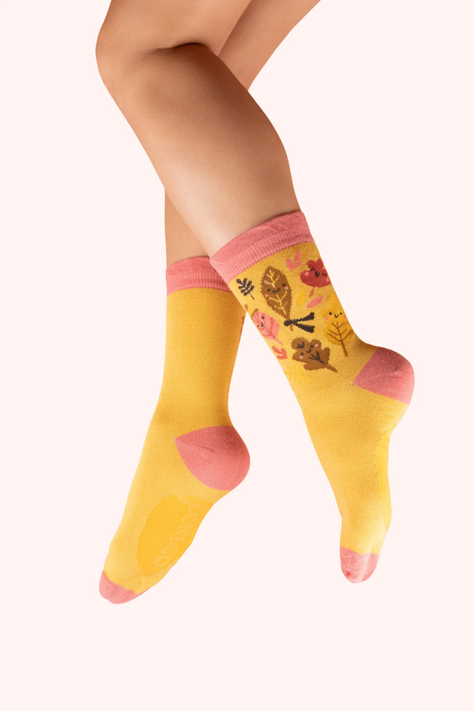Powder Ankle Socks - Happy Leaves, Custard