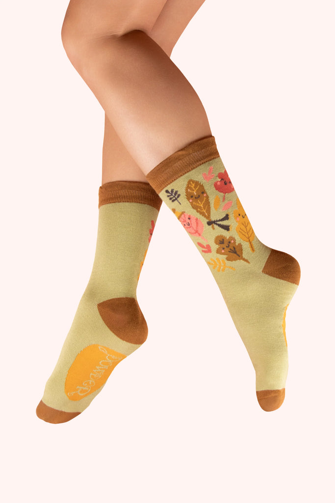 Powder Ankle Socks - Happy Leaves, Sage