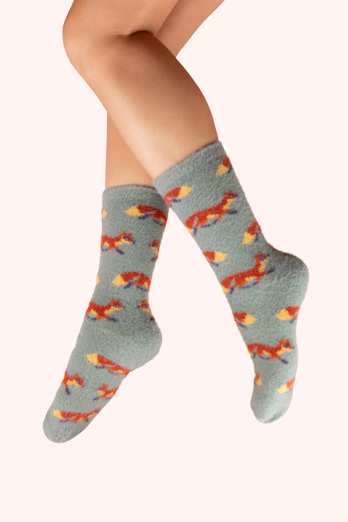 Powder Fuzzy Socks - Mini Foxes, Ice