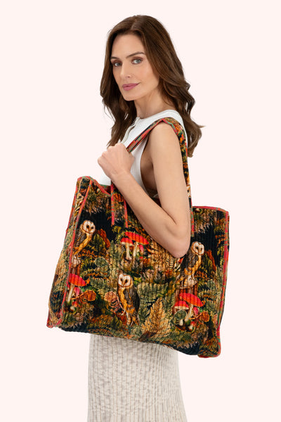 Powder Luxe Velvet Quilted Tote Bag - Wild Woodland Owl