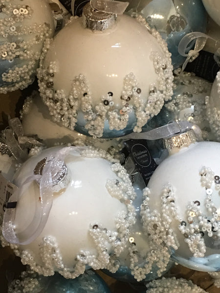 White and Blue Beaded Bauble