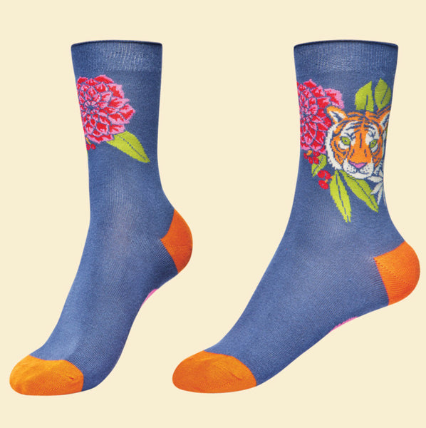 Powder Floral Tiger Ankle Socks - Indigo