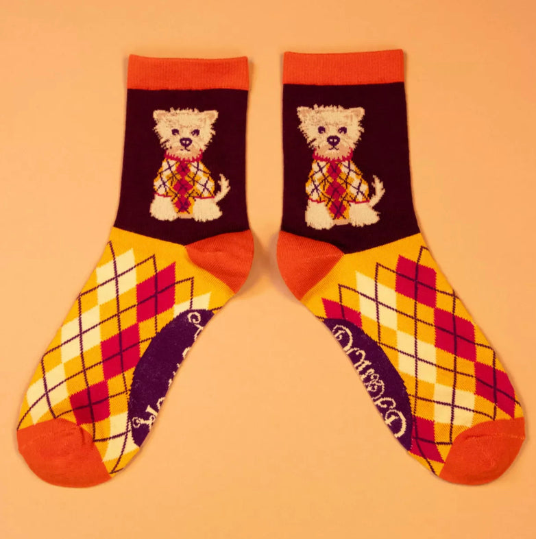 Powder Argyll Westie Ankle Socks- Damson
