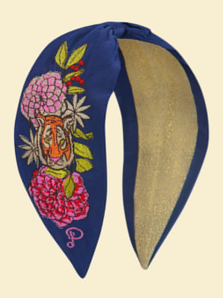 Powder Satin Embroidered Headband - Floral Tiger Face In Indigo