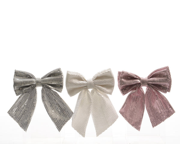 Sequin Bow Clip Tree Decoration - Silver / White / Pink