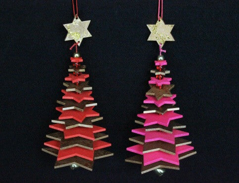 Wooden Layered Star Tree Decoration - Red / Pink