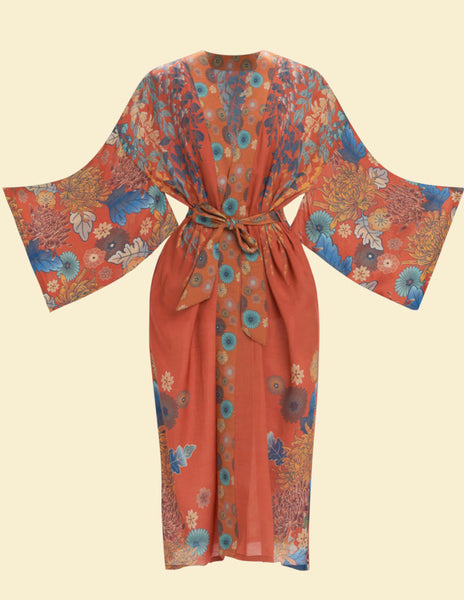 Powder Trailing Wisteria Kimono Gown - Terracotta