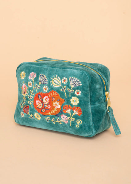 Powder Velvet Embroidered Make-Up Bag - Folk Art Hedgehog, Aqua