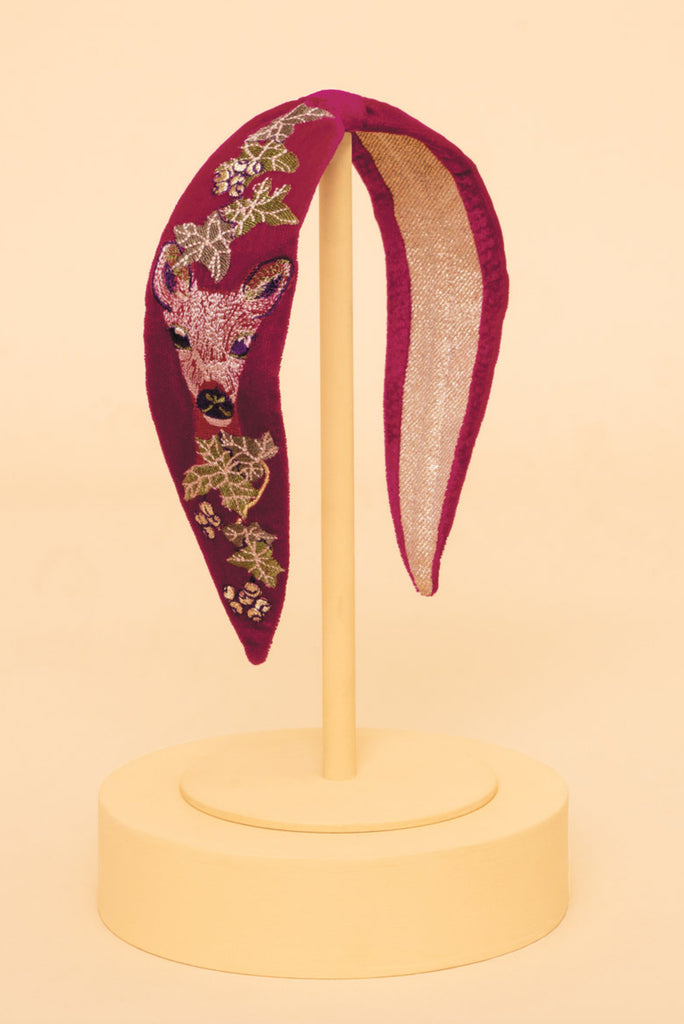 Powder Velvet Embroidered Narrow Headband - Enchanted Evening Doe, Fuchsia