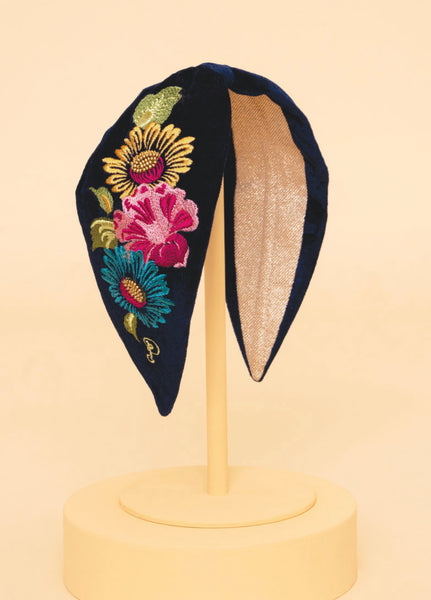Powder Velvet Embroidered Headband - Vintage Floral Ink