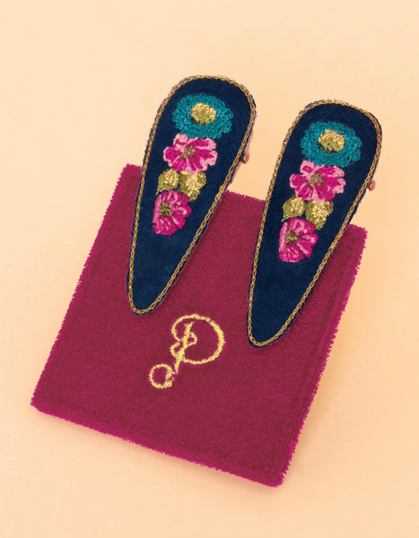 Powder Embroidered Hair Clips (Set Of 2) Vintage Floral - Navy