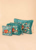 Powder Velvet Embroidered Make-Up Bag - Folk Art Hedgehog, Aqua