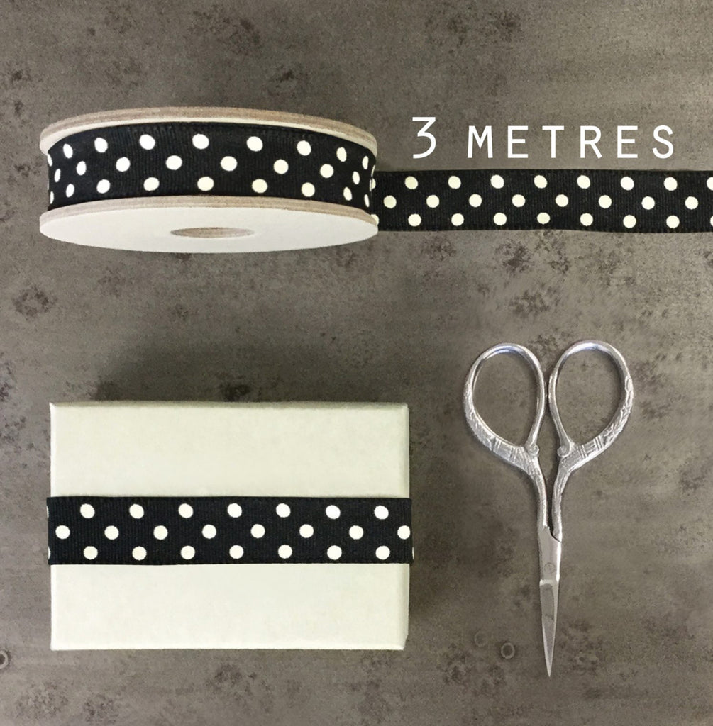 East Of India Dotty Ribbon -Black With Cream Dots
