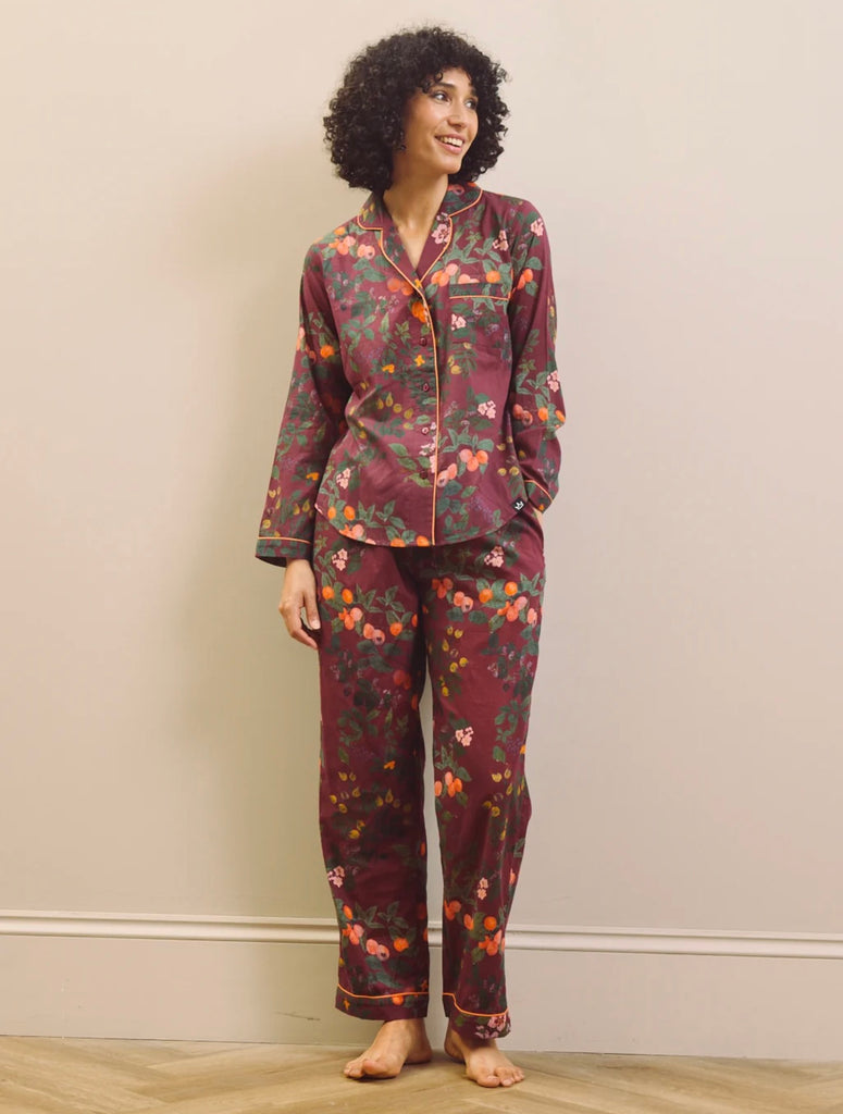 Their Nibs Burgundy Wine Fruit Garden Cotton Voile Traditional Pyjama Set