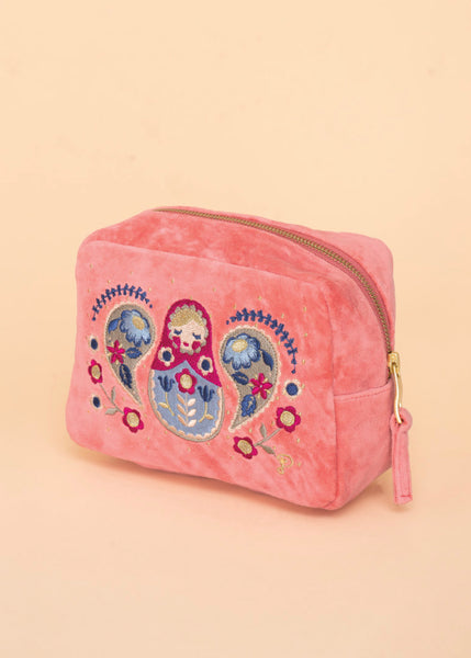 Powder Velvet Embroidered Make-Up Bag - Matryoshka Doll, Petal