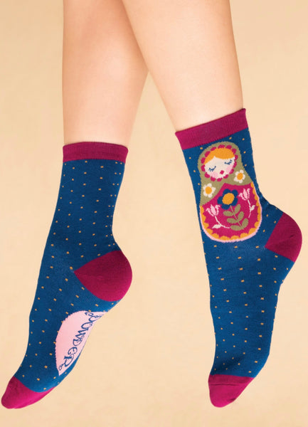 Powder Matryoshka Doll Ankle Socks - Navy