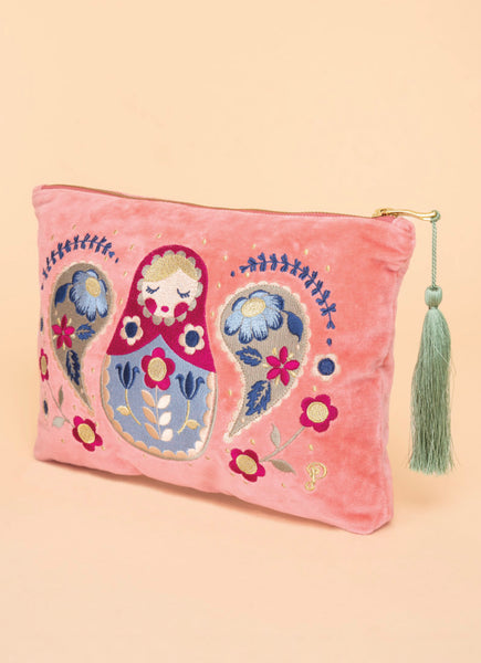 Powder Velvet Embroidered Zip Pouch - Matryoshka Doll, Petal