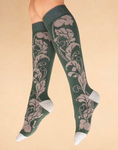 Powder Opulent Floral Knee High Socks - Sage