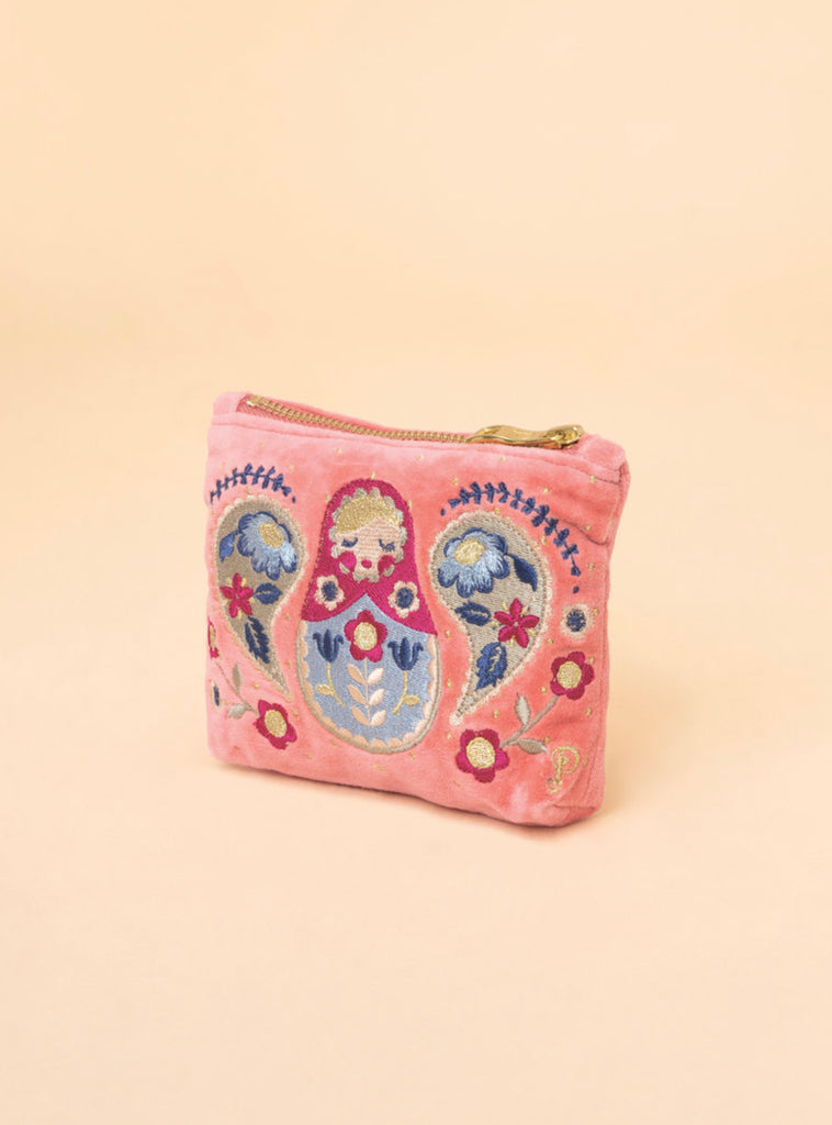 Powder Velvet Embroidered Mini Pouch - Matryoshka Doll, Petal