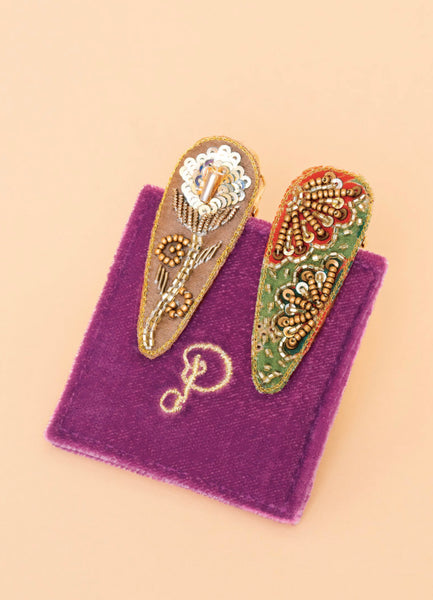 Powder Jewelled Hair Clips (Set of 2) - Floral Stem & 60s Abstract, Sage