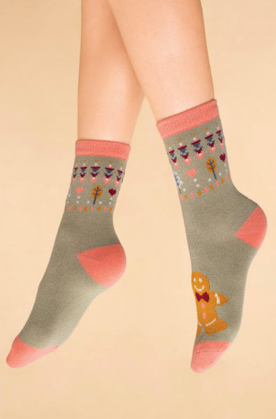 Powder Gingerbread Man Knitted Socks - Sage