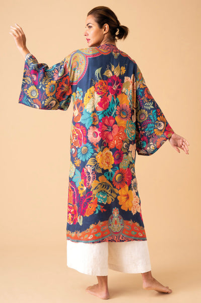 Powder Vintage Floral Kimono Gown In Ink