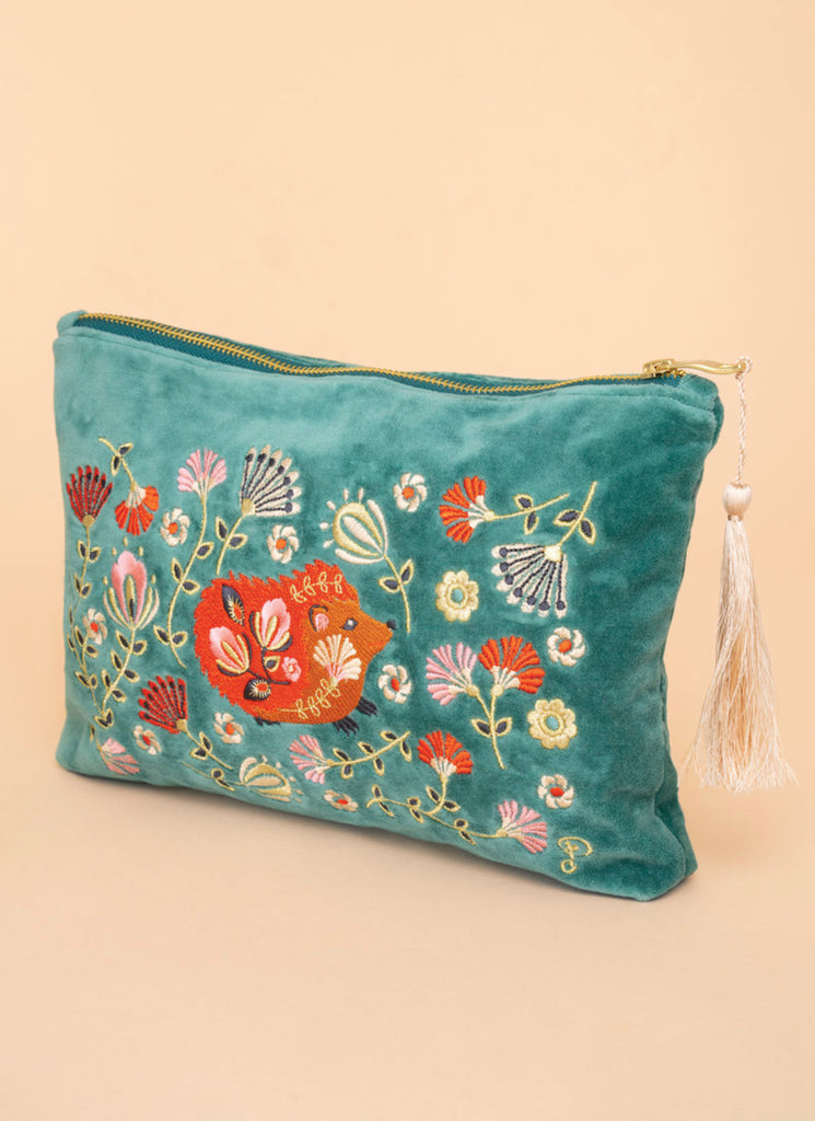 Powder Velvet Embroidered Zip Pouch - Folk Art Hedgehog, Aqua