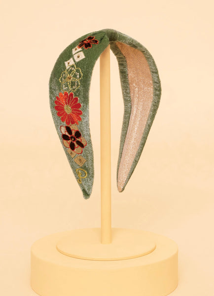 Powder Velvet Embroidered Narrow Headband - 70s Kaleidoscope Floral - Sage