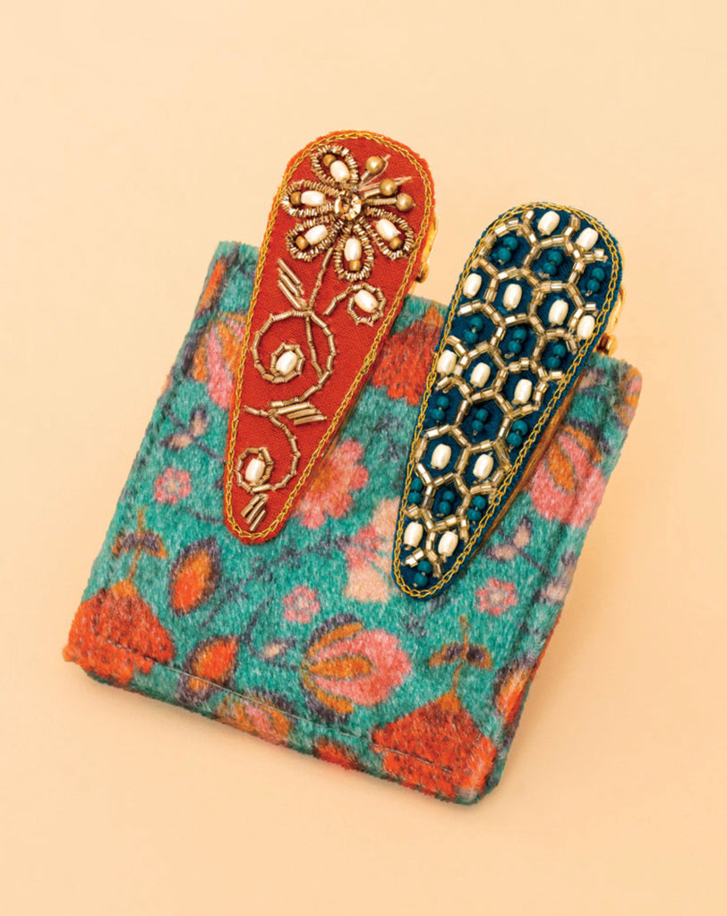 Powder Jewelled Hair Clips (Set Of 2) Hexagon & Floral Stem - Teal & Tangerine