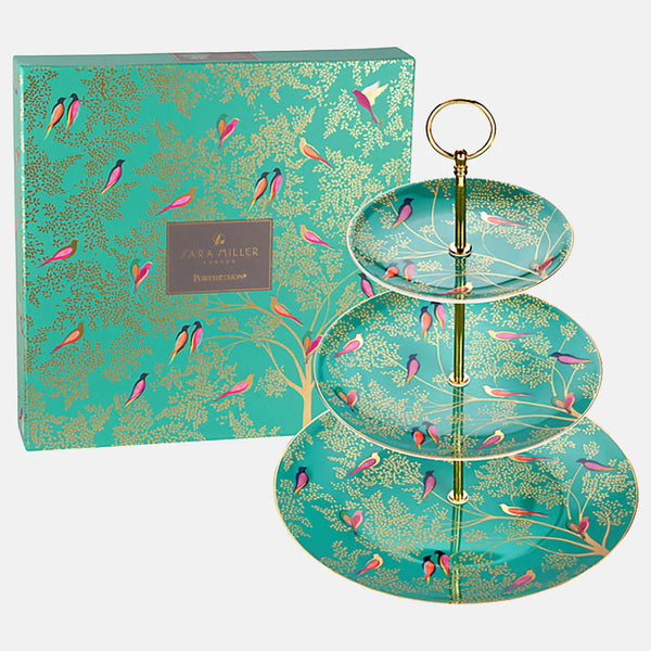 Sara Miller Green Birds 3 Tier Cake Stand