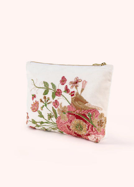 Powder Embroidered Fine Flowers Pouch