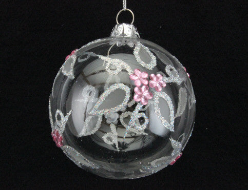 Pink Diamante Flower Clear Glass Bauble