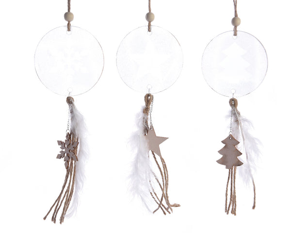 Glitter Disc Feather & Wood Decoration - Snowflake/Star/Christmas Tree