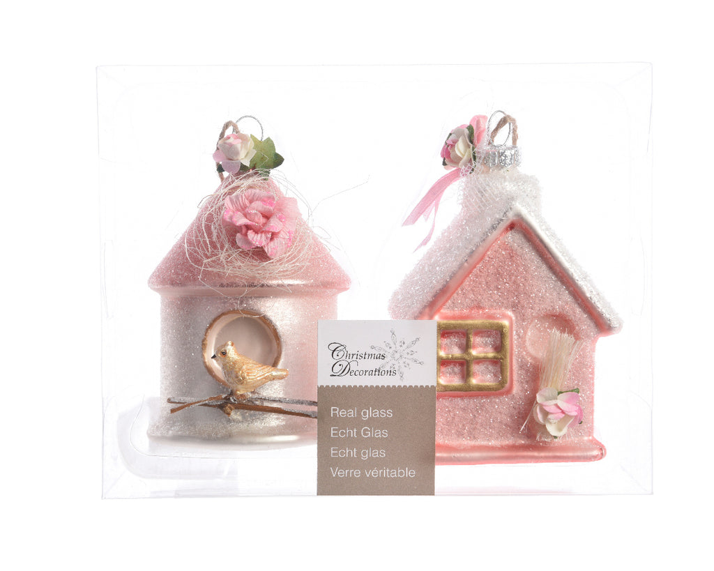 Set of 2 Glass Houses with Roses Christmas Tree Decorations